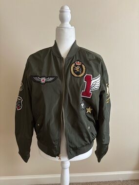 Express Olive Green Bomber Jacket with Patches